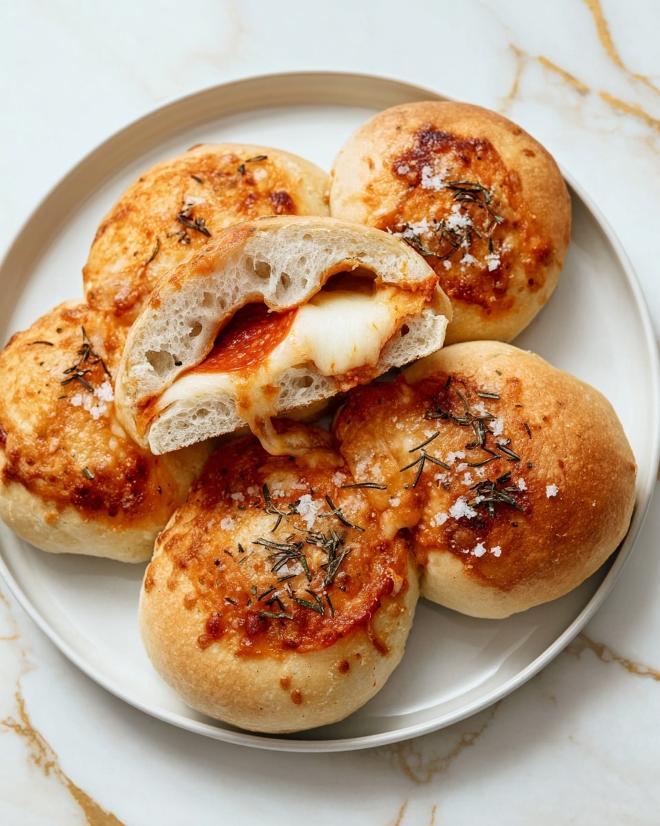 A white plate holds five round bread rolls with a golden-brown baked crust. Each roll shows a melted cheese layer on top, bubbly and slightly browned, sprinkled with green rosemary leaves and white flakes of coarse salt. One roll is cut open and placed on top, revealing three inner layers: the soft, airy bread dough on the outside, a bright red tomato sauce in the middle, and gooey, melted white cheese stretching inside with a small round slice of pepperoni visible. The plate sits on a white marbled surface with gold streaks. photo taken with an iphone --ar 4:5 --v 7