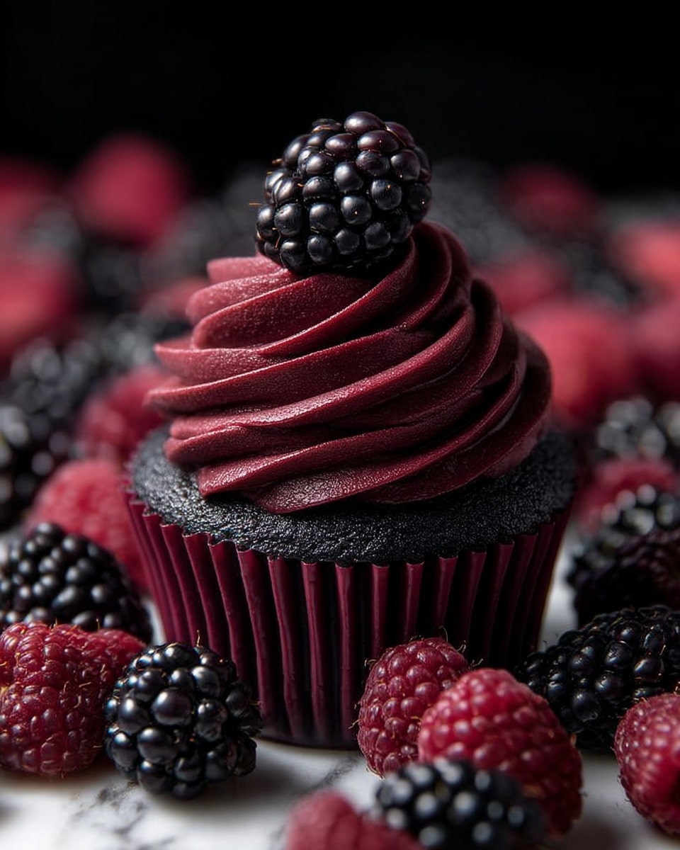 A close-up of a single dark purple cupcake with a rough textured black base in a dark purple paper liner. On top is a thick, tall swirl of smooth dark magenta frosting, with a single shiny blackberry placed at the peak. Surrounding the cupcake are many fresh blackberries and dark red raspberries, all sitting on a white marbled surface, with a deep burgundy blurred background. Photo taken with an iphone --ar 4:5 --v 7