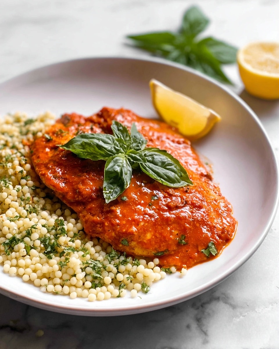 A white round plate holds a piece of fish covered in thick, bright orange-red sauce with visible herbs and a slightly shiny texture, topped with a fresh green basil leaf in the center; beside the fish is a bed of small, light beige couscous pearls mixed with fine green herbs, and a wedge of lemon with a pale yellow flesh rests on the couscous near the front left edge; in the background to the top right are a lemon slice and a few green basil leaves, all set on a white marbled surface. photo taken with an iphone --ar 4:5 --v 7