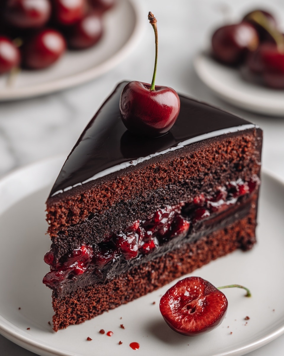 A slice of chocolate cake with three layers is shown on a white plate, placed on a white marbled surface. The bottom and middle layers are dark brown chocolate sponge, both separated by a thick layer of dark, glossy chocolate filling mixed with red cherry pieces. The top layer is a smooth, shiny dark chocolate glaze, reflecting light, with a single whole red cherry with a green stem placed on top. A halved cherry with a shiny red inside sits next to the cake on the plate. In the background, the blurred image shows more cherries on a white plate. photo taken with an iphone --ar 4:5 --v 7