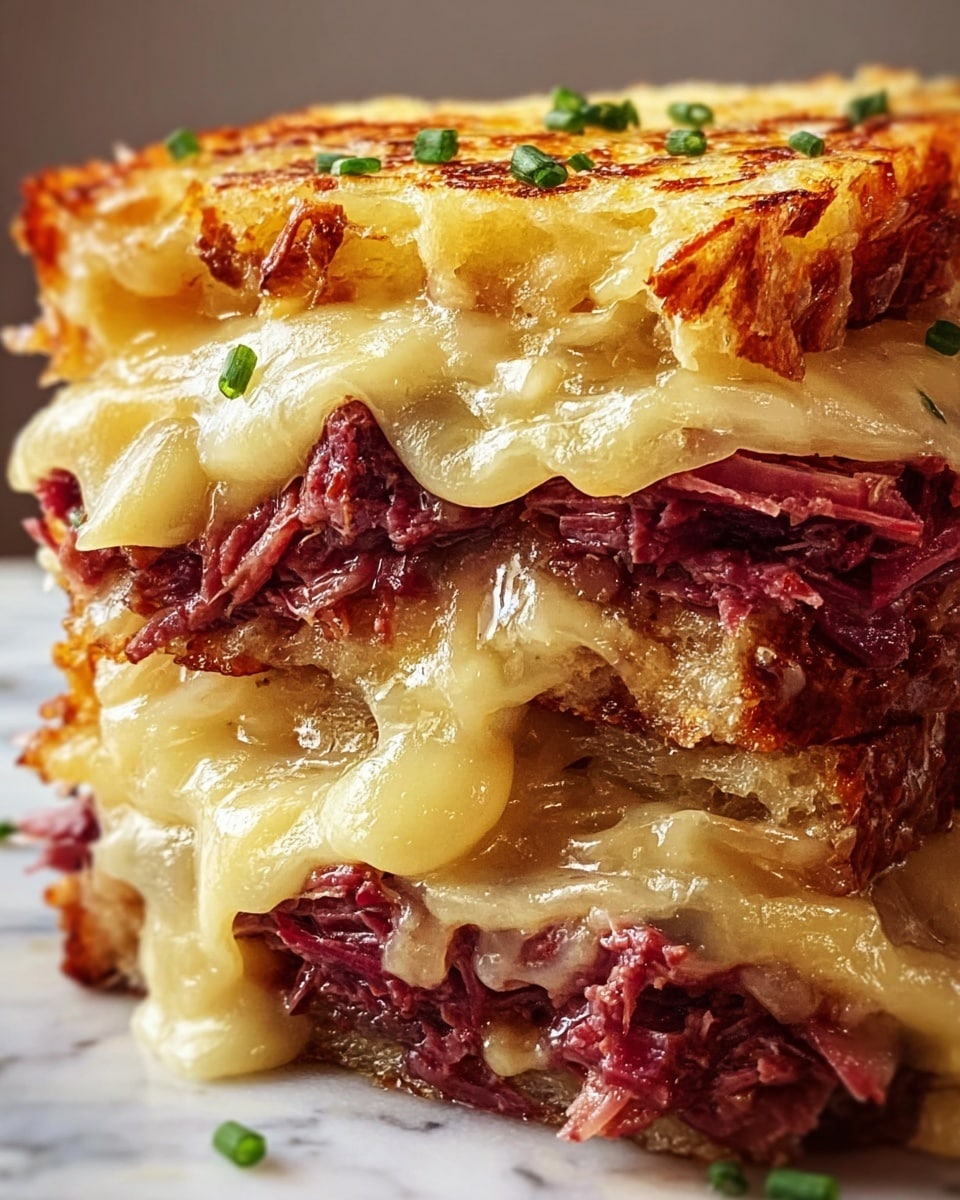 A close-up of a layered slice of food showing four layers: the bottom layer is pinkish-red with a minced texture, the second layer is a light beige with a shredded texture, the third layer is creamy white and smooth, topped by a golden brown crispy layer with some melted parts and small green herb bits sprinkled on top. The slice sits on a wooden surface. photo taken with an iphone --ar 4:5 --v 7
