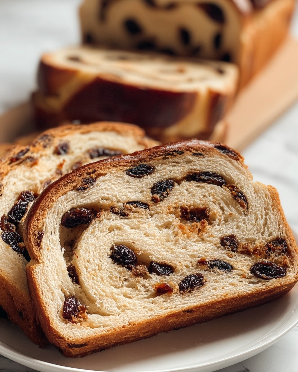 The image shows several slices of a fruit-filled bread loaf on a white plate, resting on a white marbled surface. The bread has a shiny golden brown crust with a soft, light beige inside. The texture appears airy and slightly crumbly, with dark brown and black dried fruit pieces like raisins spread throughout in multiple layers. The fruit creates a swirling pattern inside the bread, adding contrast to the pale dough. The focus is on the sliced bread in the front with part of the whole loaf blurred in the background. photo taken with an iphone --ar 4:5 --v 7