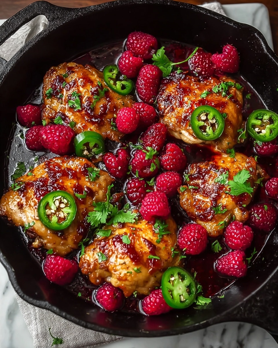 The image shows a black cast iron pan filled with five golden-brown grilled chicken pieces, each with a crispy, slightly charred texture on top. The chicken is partially submerged in a dark red sauce, which looks glossy and thick. Scattered around and on the chicken pieces are fresh, bright red raspberries and green jalapeño slices with visible seeds. Small green cilantro leaves are also placed on top of the chicken and around the pan, adding a fresh contrast to the dish. The pan rests on a white marbled surface with part of a light gray cloth visible underneath. Photo taken with an iphone --ar 4:5 --v 7