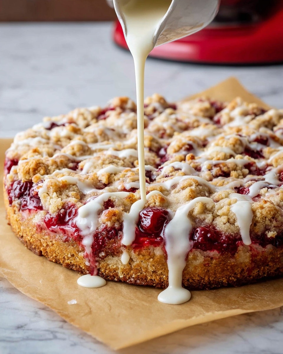 A round cherry crumble dessert on parchment paper has three main layers: a golden-brown thick crust at the bottom, a bright red cherry filling with visible fruit pieces in the middle, and a crumbly, light golden topping with uneven textures on top. A white pitcher is pouring smooth white icing in thin streams over the right side of the dessert, creating glossy drips down the edge and onto the parchment. The background shows a white marbled texture under the dessert and a blurred red mixer in the far right. Photo taken with an iphone --ar 4:5 --v 7