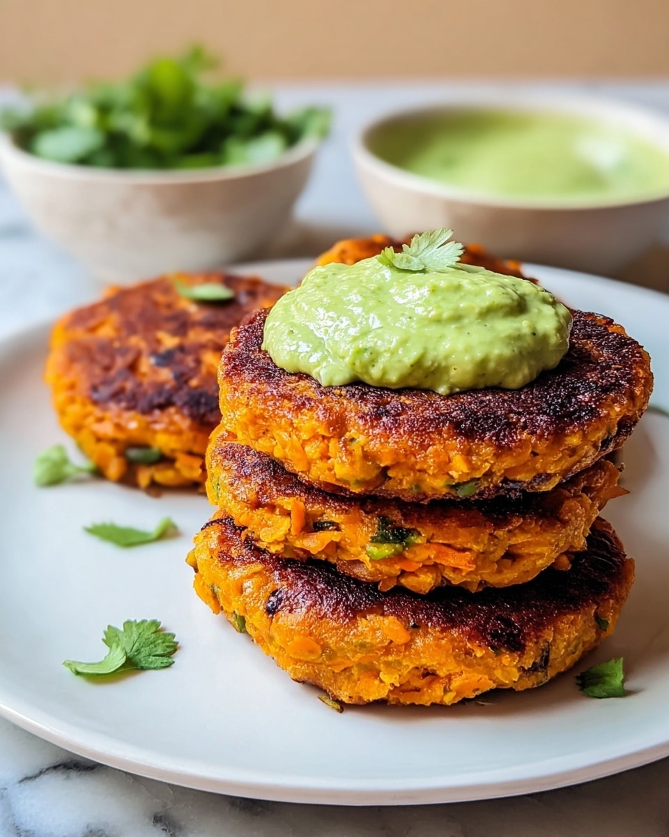 The image shows a white plate stacked with four round, golden-brown patties that have a slightly crispy, charred texture on top and a soft, orange interior with green specks, likely herbs or vegetables. On the top patty, there is a dollop of thick, creamy green sauce with a smooth, slightly chunky texture, garnished with small green leaves. Behind the plate, two small white bowls are partially visible, one filled with more of the green sauce and the other with fresh green herbs, all placed on a white marbled surface. The photo taken with an iphone --ar 4:5 --v 7