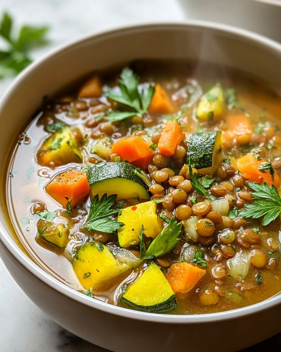 A close-up view of a bowl filled with warm lentil soup, showing a mix of light brown lentils, bright orange carrot chunks, pale yellow zucchini pieces with green skin, and translucent small onion bits in a clear broth. The soup is garnished with fresh, bright green parsley leaves placed on the top, creating a fresh look. Steam rises gently from the soup, giving a sense of warmth. The bowl is white and set on a white marbled surface. photo taken with an iphone --ar 4:5 --v 7