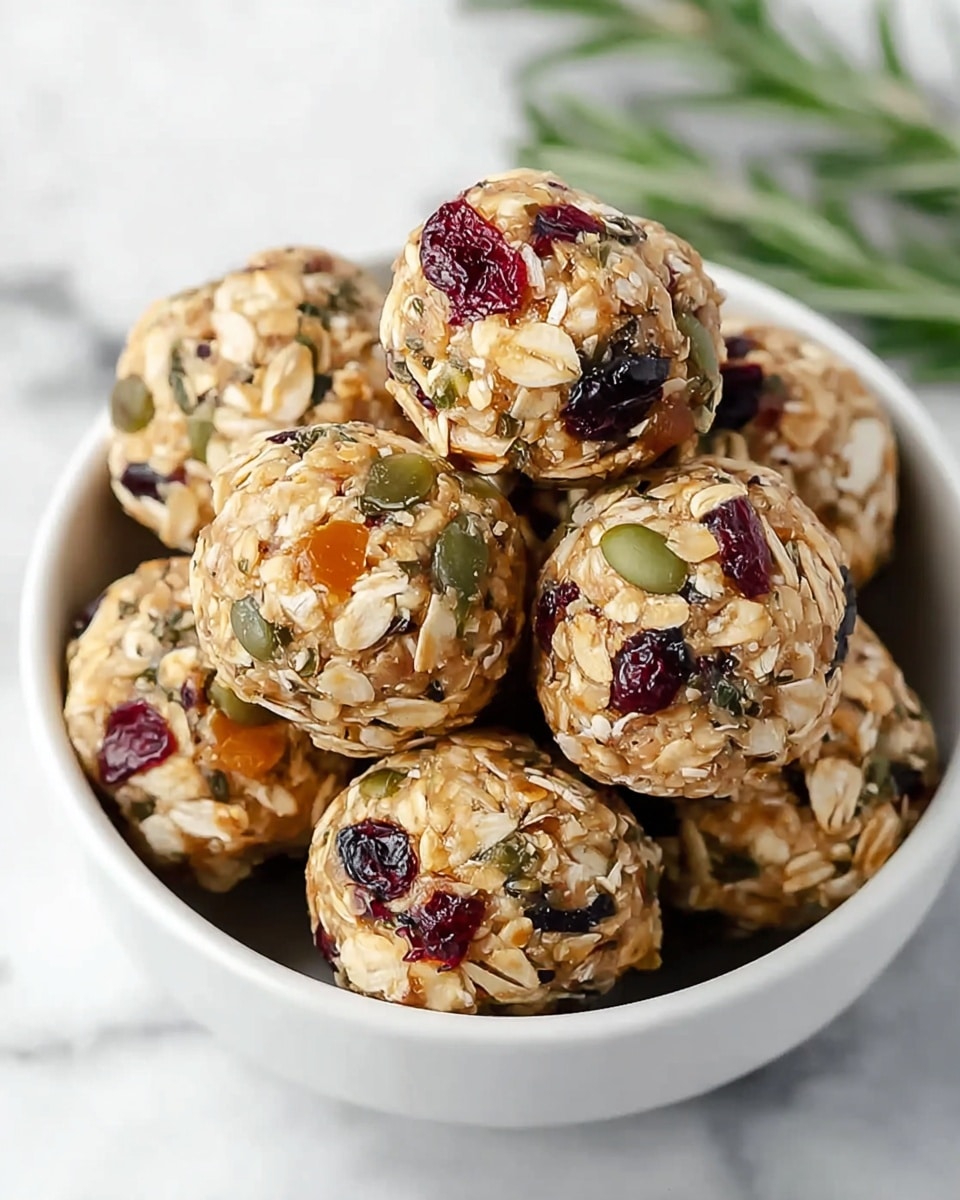 A white bowl filled with about ten energy balls, each ball showing a rough texture made from light beige oats mixed with green pumpkin seeds, dark red dried cranberries, and small orange bits of dried fruit; the balls are round and closely packed, creating a layered look with oats and seeds protruding on all sides, placed on a white marbled surface with some green rosemary leaves blurred in the background. photo taken with an iphone --ar 4:5 --v 7
