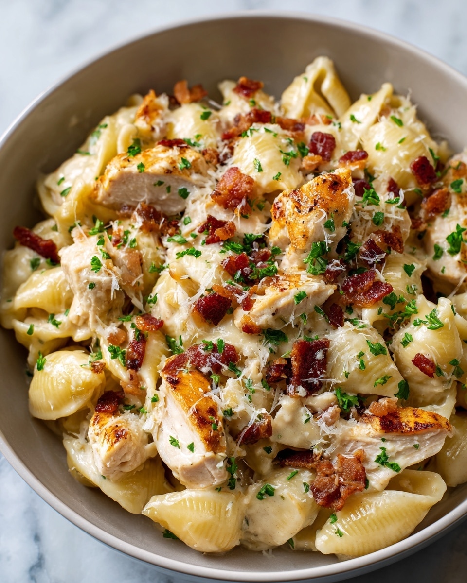 A white bowl filled with creamy pasta shells covered in a light beige sauce, mixed with pieces of golden-brown cooked chicken scattered throughout. On top, there are small crispy bits of reddish-brown bacon and finely chopped bright green parsley sprinkled evenly over the dish. The pasta looks smooth and slightly glossy from the sauce, while the chicken has a lightly seared texture. Light grated cheese is also scattered, adding a fine white layer over the ingredients. The bowl rests on a white marbled surface. photo taken with an iphone --ar 4:5 --v 7