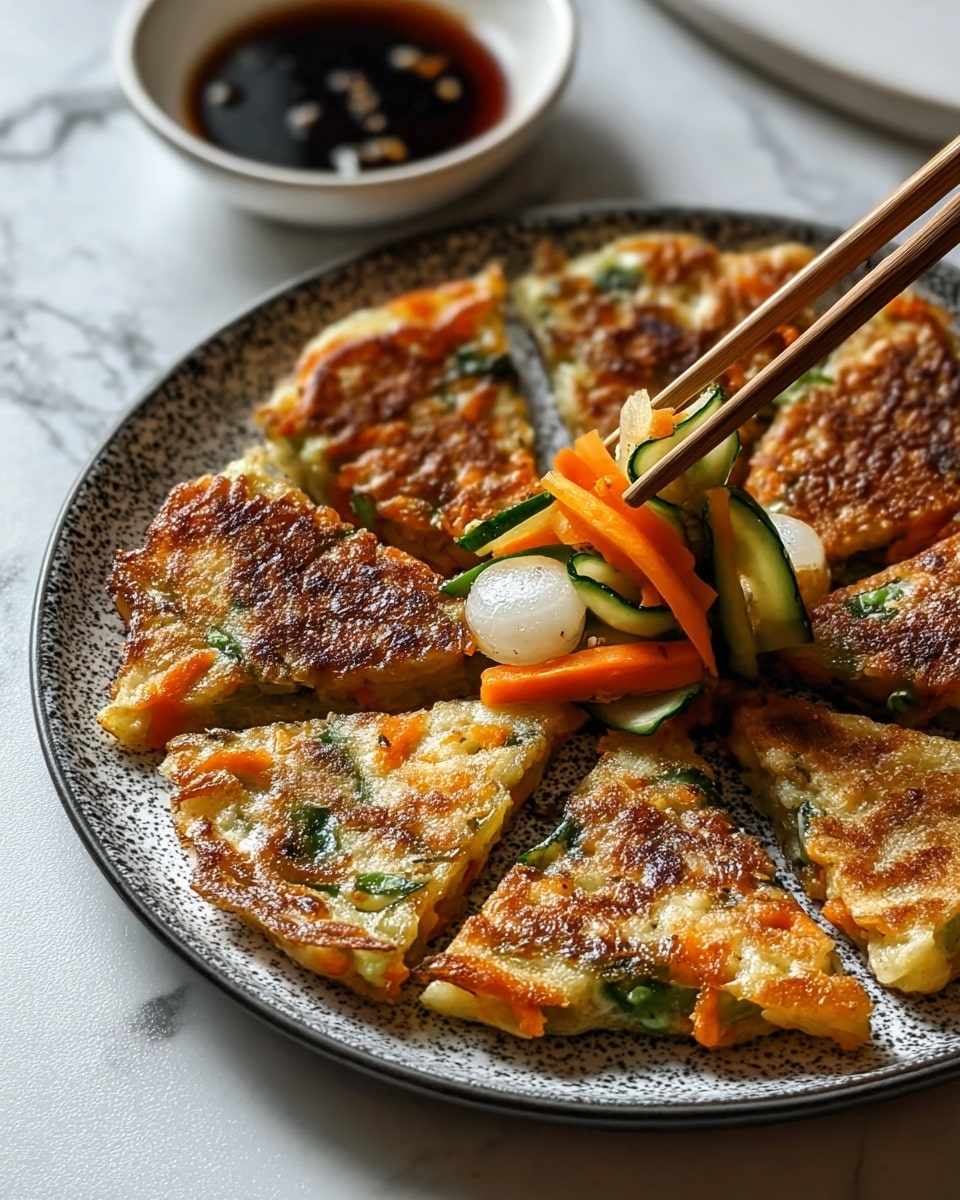 The image shows a round savory pancake cut into eight small, triangular pieces arranged in a circle on a white plate with a dark speckled pattern. The pancake has a golden-brown crispy surface with bits of green onion and orange carrot slices embedded throughout. The center of the pancake is slightly empty, holding a small pile of pickled vegetables, including thin green cucumber slices, orange carrot strips, and white radish pieces. A pair of wooden chopsticks is lifting some of these vegetables from the center. In the background, there is a small white bowl filled with dark dipping sauce, all set on a white marbled surface. photo taken with an iphone --ar 4:5 --v 7