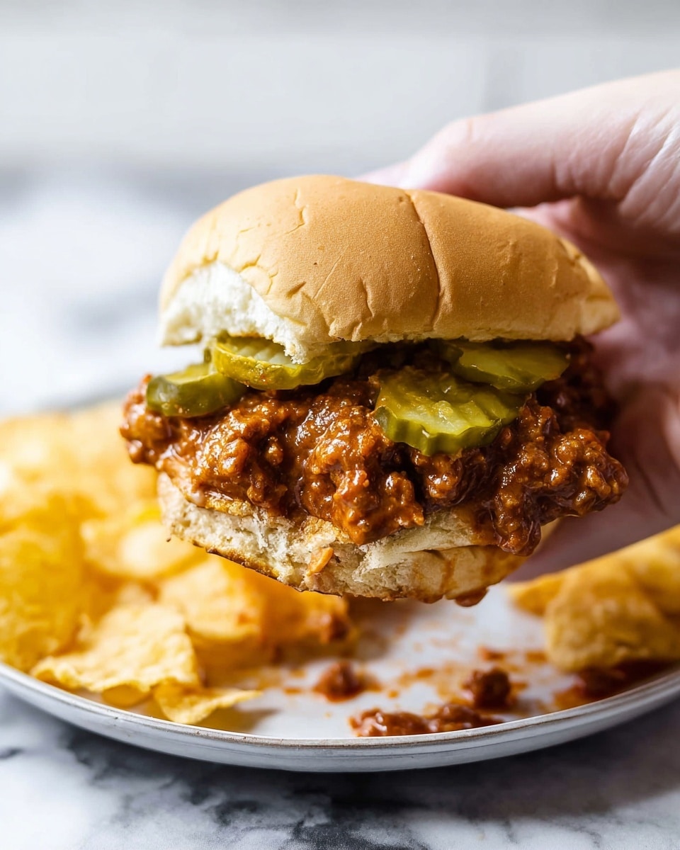 A close-up image of a sloppy joe sandwich held by a woman's hand, with three layers visible: a soft, light brown bun on top, a thick layer of chunky, reddish-brown meat sauce in the middle, and green pickle slices on top of the meat. The sandwich also has crispy chips tucked under the pickles. It is held above a white plate that has some meat sauce spilled on it and some yellow chip pieces scattered around. The background shows a white marbled surface. Photo taken with an iphone --ar 4:5 --v 7