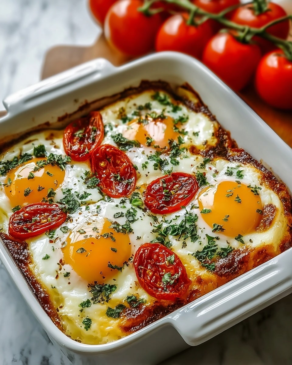The dish shows a white square baking dish filled with four baked eggs, each with two main visible layers; the base layer is a browned, crispy textured surface with melted cheese, and on top are sunny yellow egg yolks surrounded by firm white egg whites. Each egg yolk is topped with a roasted red cherry tomato slice that has a slightly wrinkled texture, and fresh green chopped herbs sprinkled over the entire dish for color contrast. The dish rests on a white marbled surface with a bunch of fresh red tomatoes on the vine in the blurred background. photo taken with an iphone --ar 4:5 --v 7