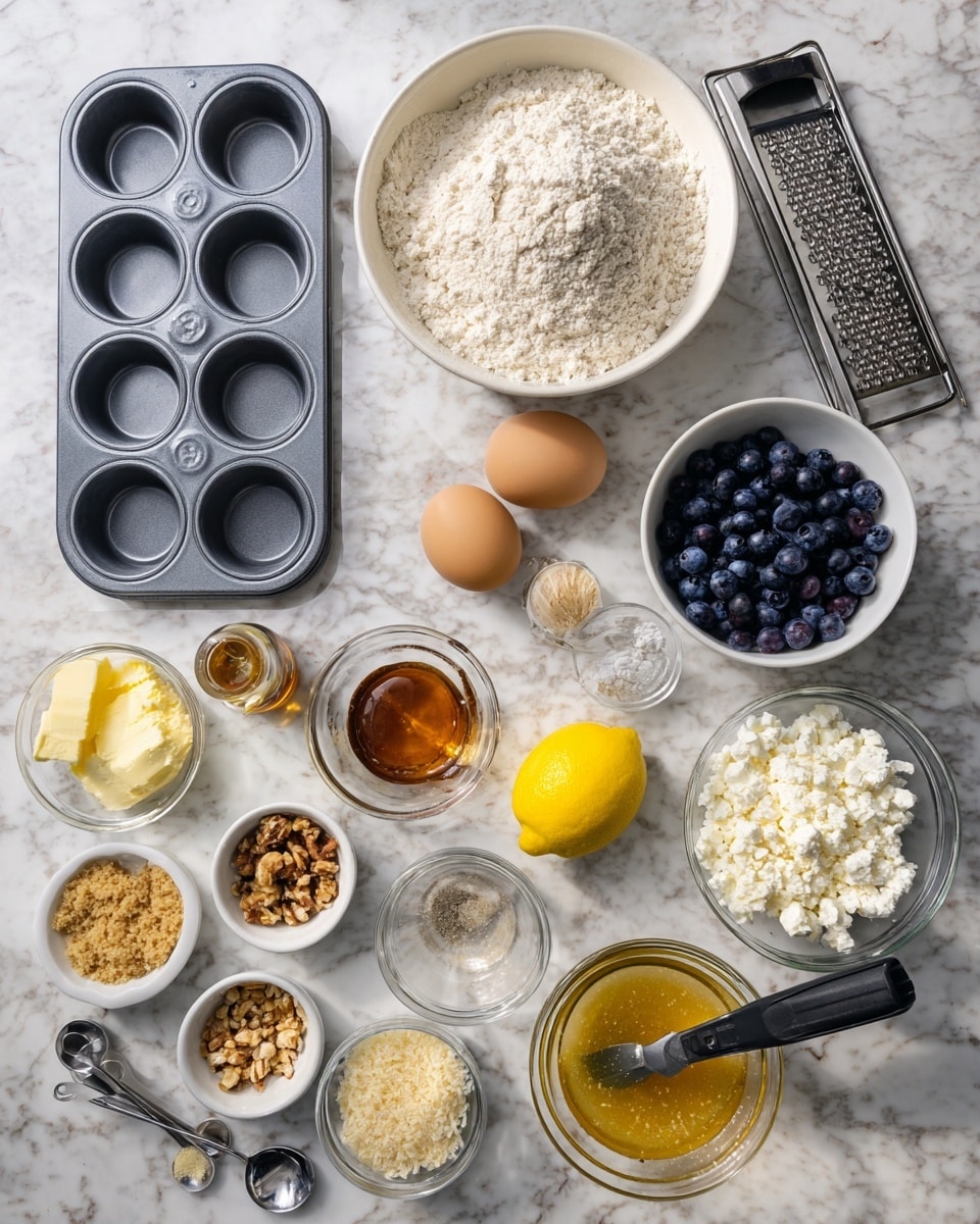 The image shows various ingredients arranged on a white marbled surface, ready for baking. From top to bottom, there is a gray muffin tray to the left and a cooling rack above a white bowl filled with light, fluffy flour. To the right of the flour is a white bowl full of dark blue blueberries. In the center, there are two brown eggs, a bright yellow lemon, and a metal grater with a black handle. Below, a clear bowl holds white cottage cheese, and a small glass bowl with amber honey sits next to it. Nearby are smaller white bowls containing crumbled nuts, salt, and a light yellow spice, along with metal measuring spoons. A small bottle of vanilla extract is placed beside a clear measuring cup with liquid and a small bowl of golden syrup with tiny chunks. At the bottom right, a food processor holds a coarse crumble blend, and a black spatula lies just below it. Photo taken with an iphone --ar 4:5 --v 7