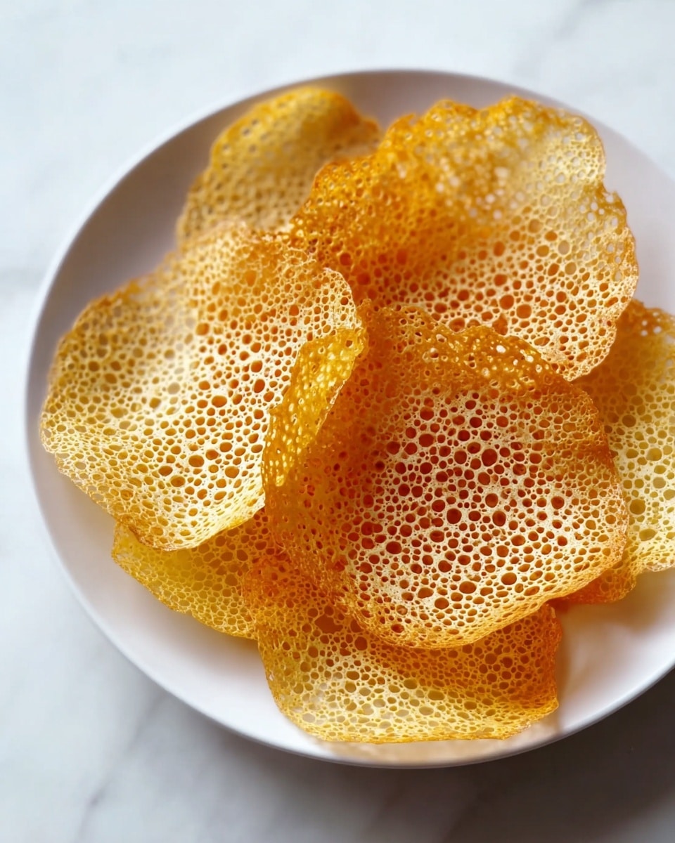 The image shows a white plate holding several thin, lacy, golden brown pancake-like pieces stacked loosely. Each piece has a delicate, porous texture with many small round holes throughout, giving them a net-like look. The pieces are arranged in a circular, slightly overlapping pattern, with some edges curling up softly. The white plate sits on a white marbled surface, adding a clean, bright background that contrasts with the warm tones of the food. Photo taken with an iphone --ar 4:5 --v 7
