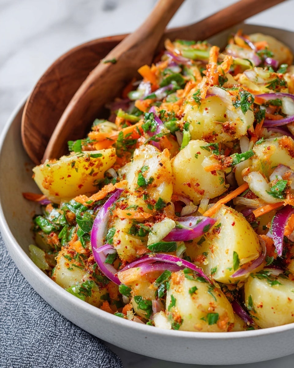 A close-up of a white bowl filled with a colorful potato salad. The base layer contains large chunks of light yellow boiled potatoes sprinkled with a seasoning of reddish spices. Mixed in are thin slices of purple-red onion, bright orange shredded carrots, and chopped green herbs like parsley and green onions. The texture looks fresh and lightly dressed. Two wooden salad spoons rest on the bowl's edge. The bowl is placed on a white marbled surface. photo taken with an iphone --ar 4:5 --v 7