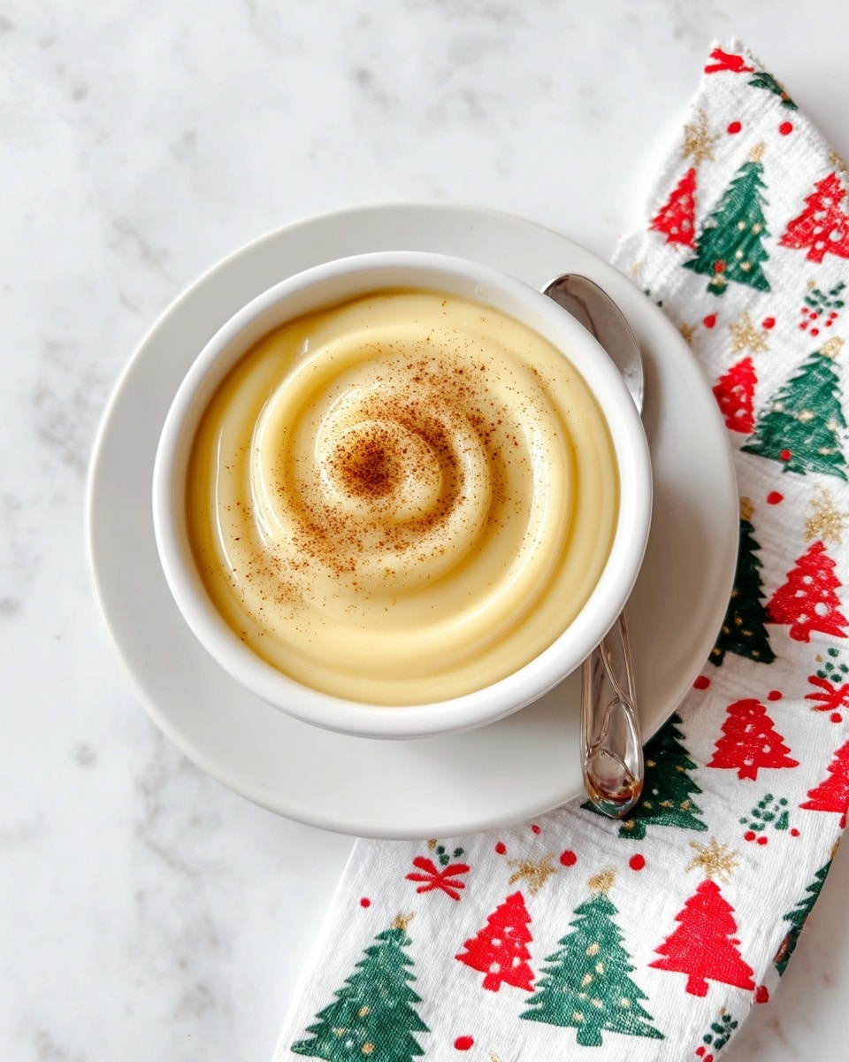 A small white bowl filled with one smooth, creamy layer of pale yellow custard, swirled neatly on top in a spiral shape. A light sprinkle of brown cinnamon powder decorates the center swirl. A silver spoon is partially dipped in the custard on the right side. The bowl sits on a larger white plate, placed on a white marbled surface. To the right of the plate is a folded cloth napkin with a festive red and green Christmas tree and leaf pattern. photo taken with an iphone --ar 4:5 --v 7