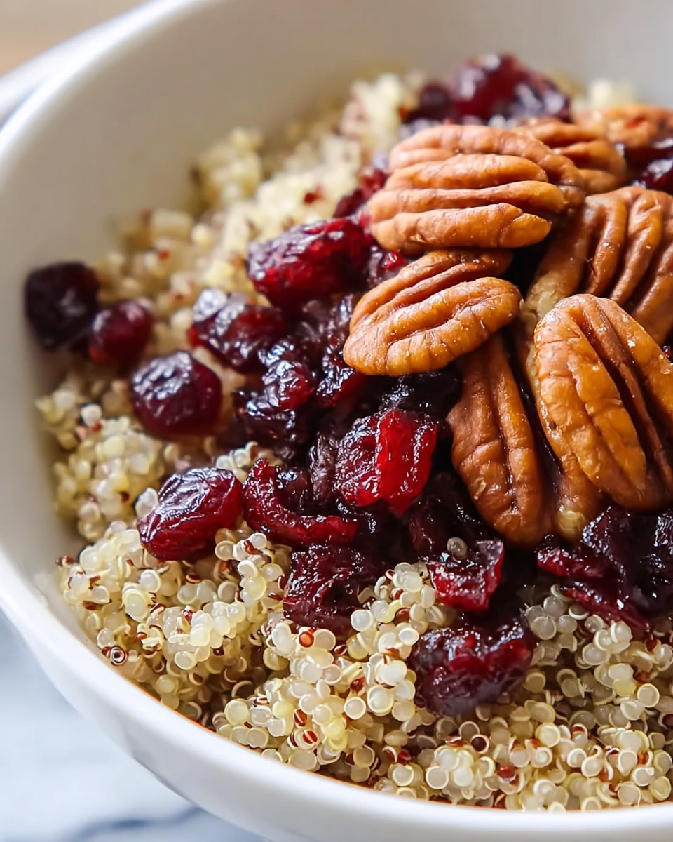 A close-up shot of a white bowl filled with three main layers: the bottom layer is light, fluffy cooked quinoa with small round beads in shades of off-white, cream, and light tan, the middle layer consists of deep red and glossy dried cranberries scattered evenly, and the top layer features medium brown, curved pecan nut pieces with visible ridges and a slightly shiny surface. The bowl is placed on a white marbled texture. photo taken with an iphone --ar 4:5 --v 7