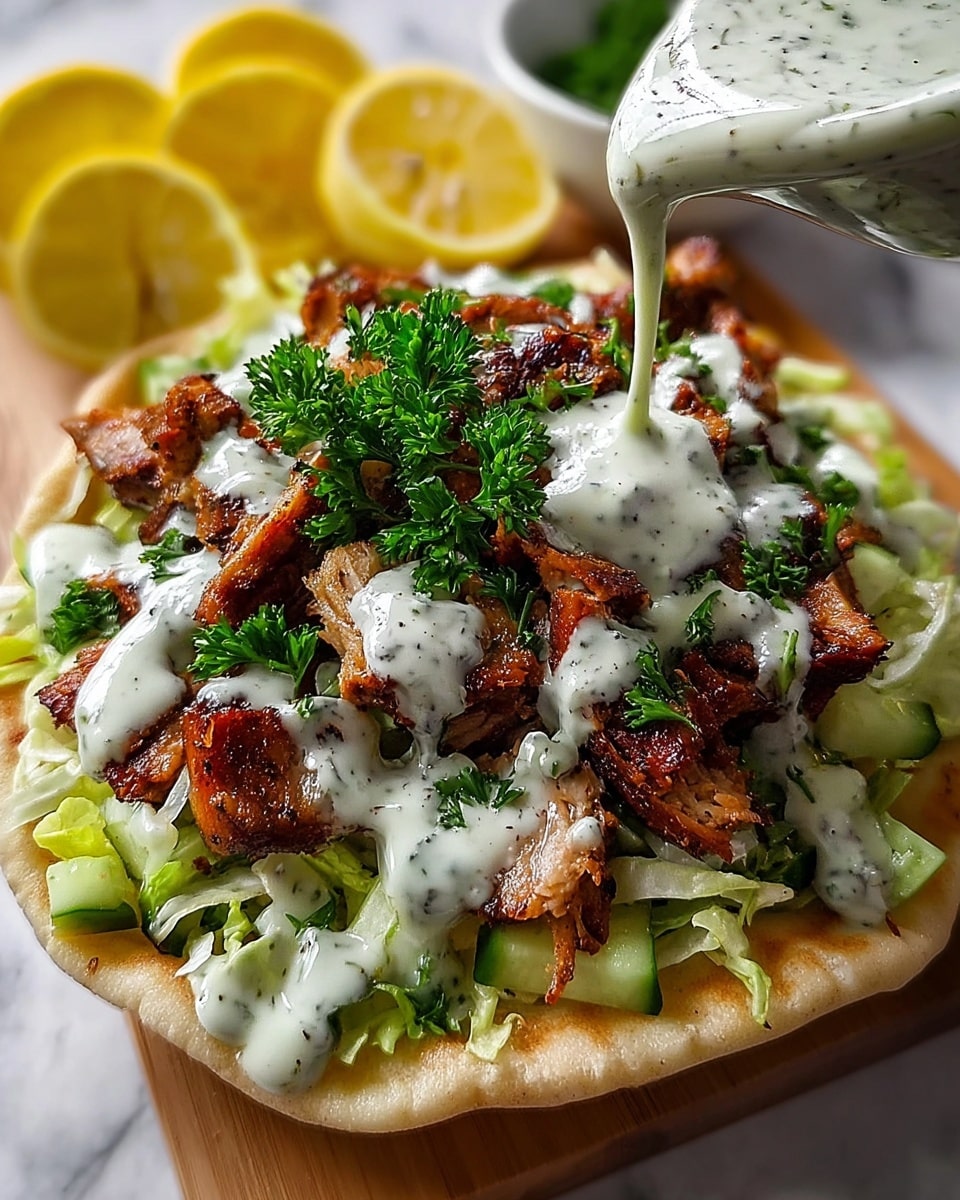 The image shows a white pita bread filled with three visible layers: the bottom layer is light green shredded lettuce mixed with small chunks of cucumber, the middle layer consists of crispy, golden-brown grilled meat pieces, and the top layer is a creamy white sauce with visible green herbs being poured over the meat from a container above. The dish is garnished with fresh green parsley scattered on top. In the background, there are yellow lemon wedges on a wooden board, all set on a white marbled surface. photo taken with an iphone --ar 4:5 --v 7