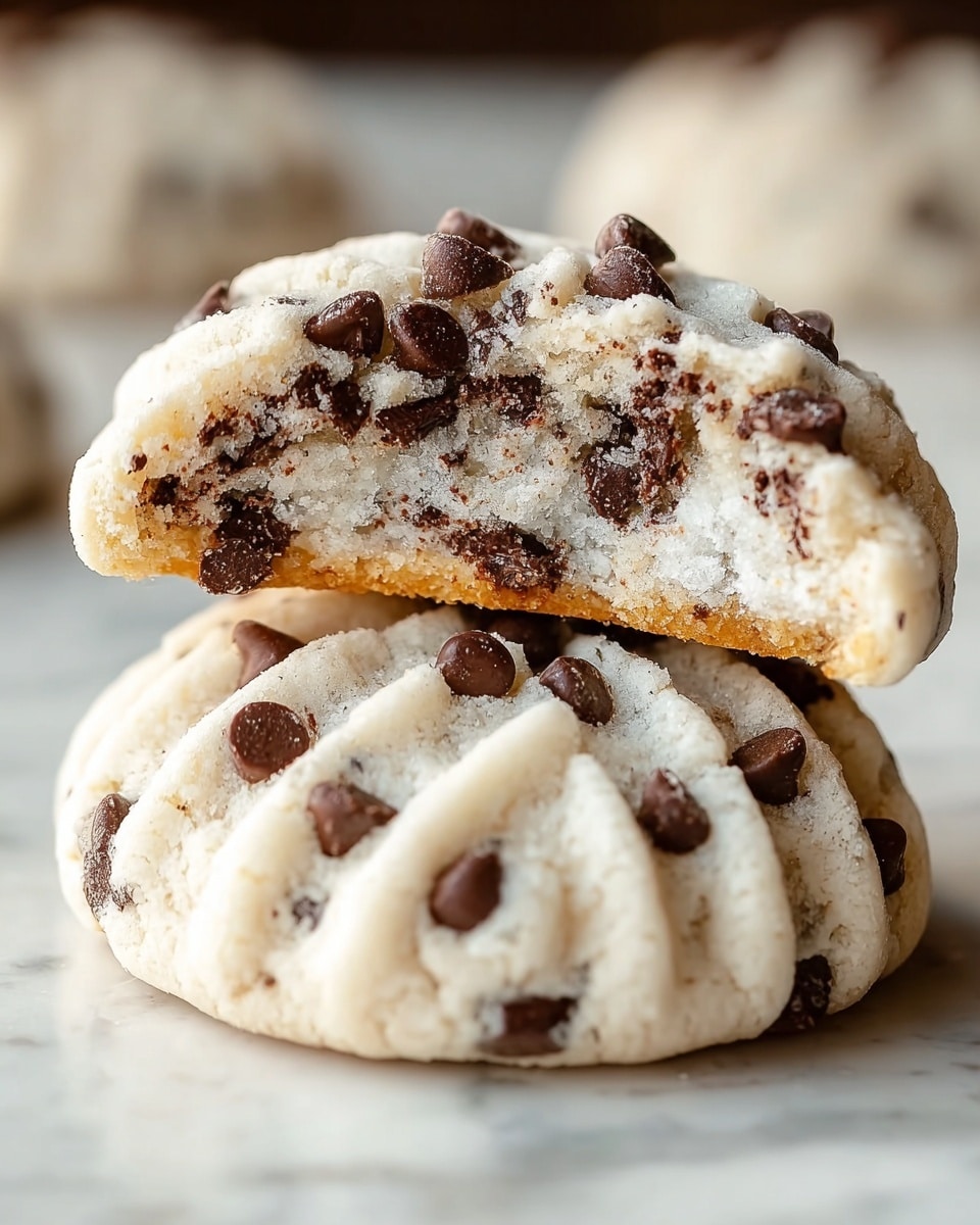The image shows a stack of three soft-looking cookies with a light, almost white dough speckled with small dark brown chocolate chips. The bottom cookie is flat with a slightly ridged edge, the middle cookie is similar but fully whole, and the top cookie is broken in half, revealing a chewy interior filled with more chocolate chips. The surface under the cookies is a warm brown, blurred in the background, with some scattered chocolate bits around. In the blurred background, a dark white plate holds more cookies. photo taken with an iphone --ar 4:5 --v 7