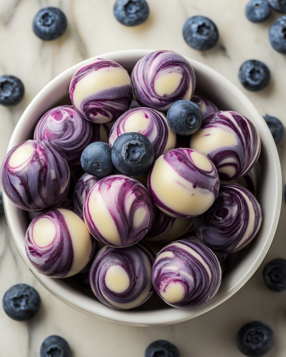 A white bowl filled with many small round candies that have a smooth swirl pattern of dark purple and creamy white colors, with a blueberry placed on top of some candies. The bowl is on a white marbled surface with a few blueberries scattered around. The candies look glossy and soft with a rich purple color twisting through the creamy base. photo taken with an iphone --ar 4:5 --v 7