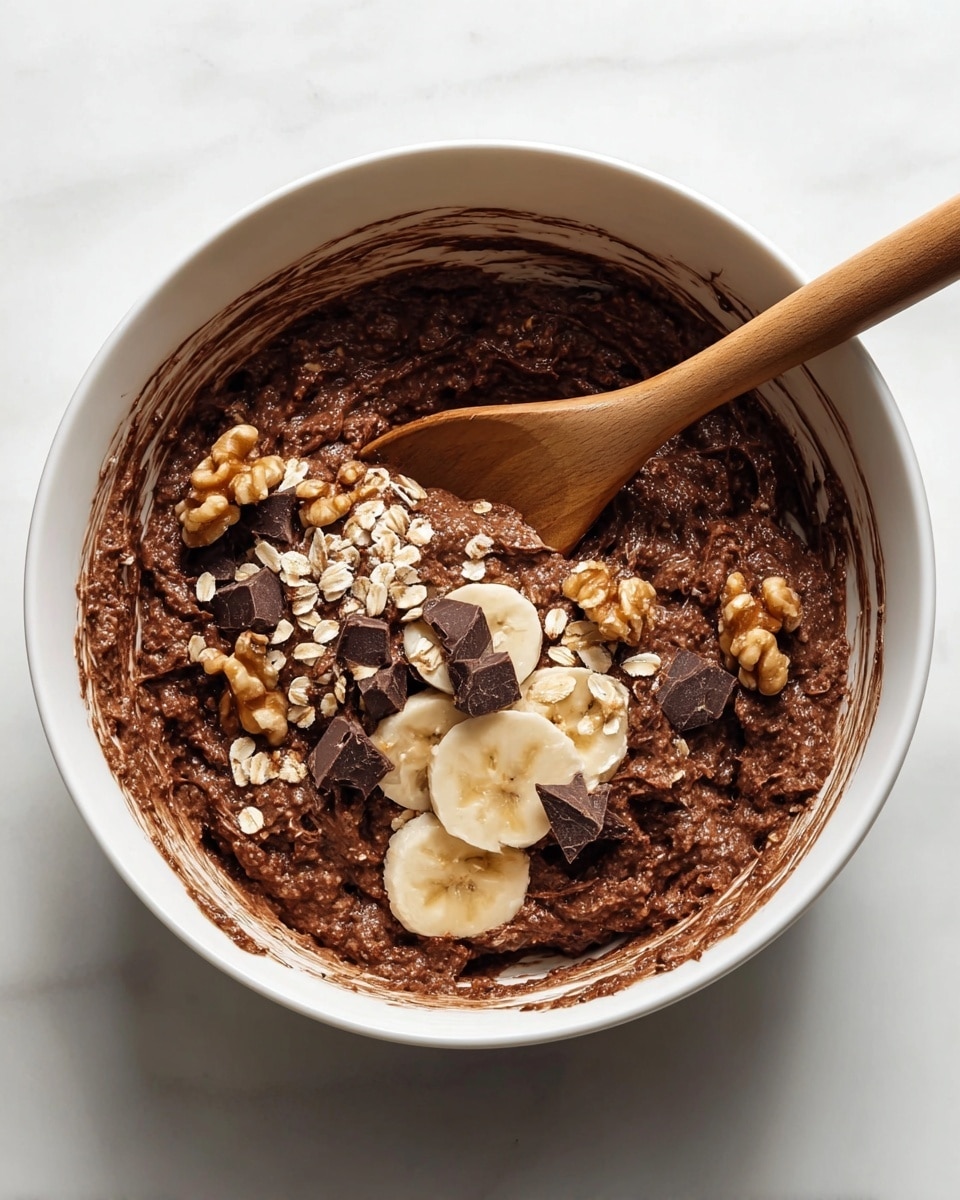 Inside a white bowl on a white marbled surface, there is a thick chocolate batter mixed with oats, walnut pieces, banana slices, and dark chocolate chunks. The batter is dark brown and textured with visible dry ingredients unevenly spread throughout. A wooden spoon with a smooth handle is partially submerged in the mixture, resting against the side of the bowl. The interior sides of the bowl have streaks of the chocolate batter. photo taken with an iphone --ar 4:5 --v 7