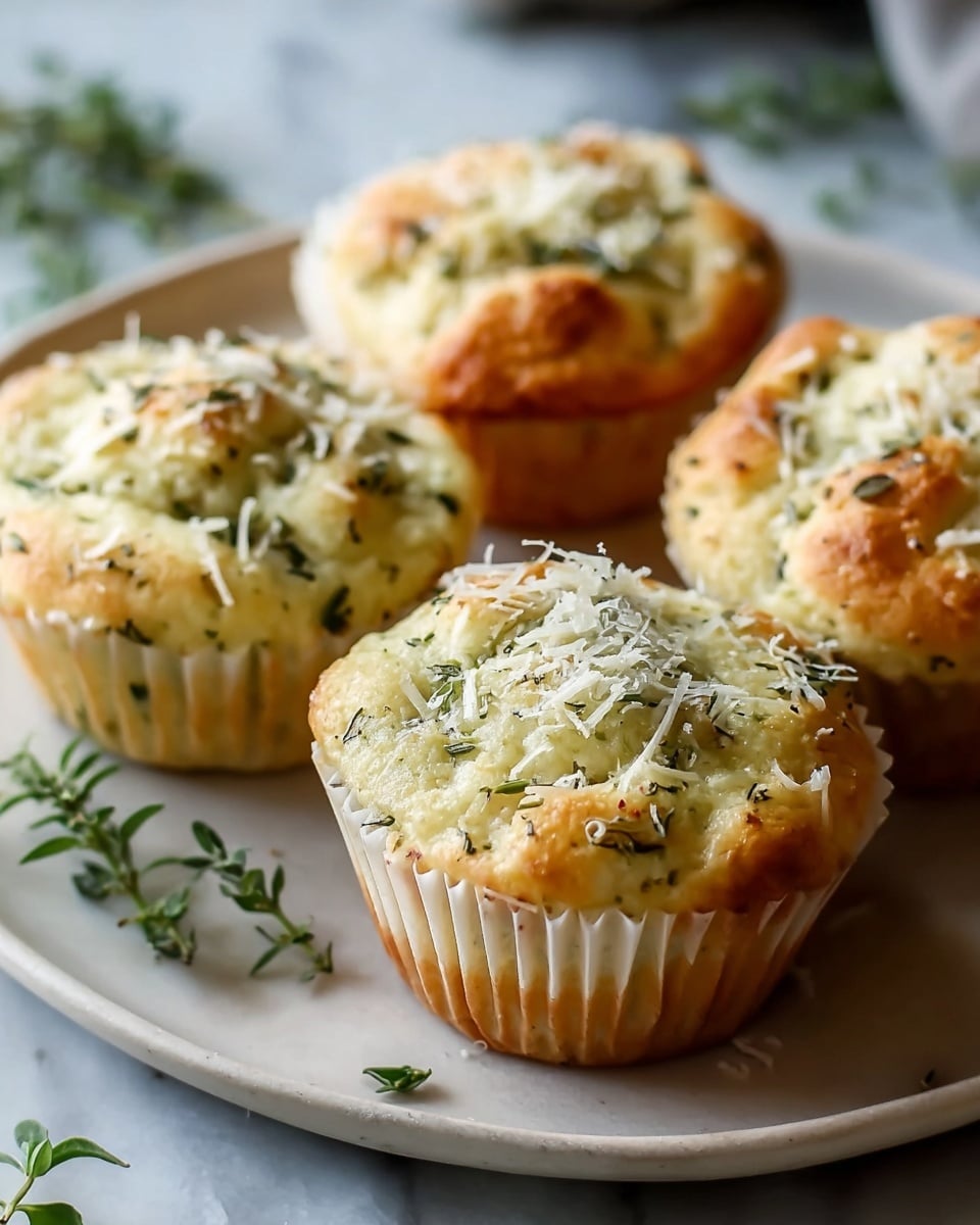 The image shows four savory muffins on a round white plate, placed on a white marbled surface. Each muffin has a golden brown top with a slightly bumpy texture, dotted with green herbs and topped with finely shredded white cheese. The muffins appear soft with a light, airy crumb peeking through on the sides, wrapped in white paper liners. Fresh green herb sprigs are scattered around the plate, adding a touch of color and freshness. Photo taken with an iphone --ar 4:5 --v 7