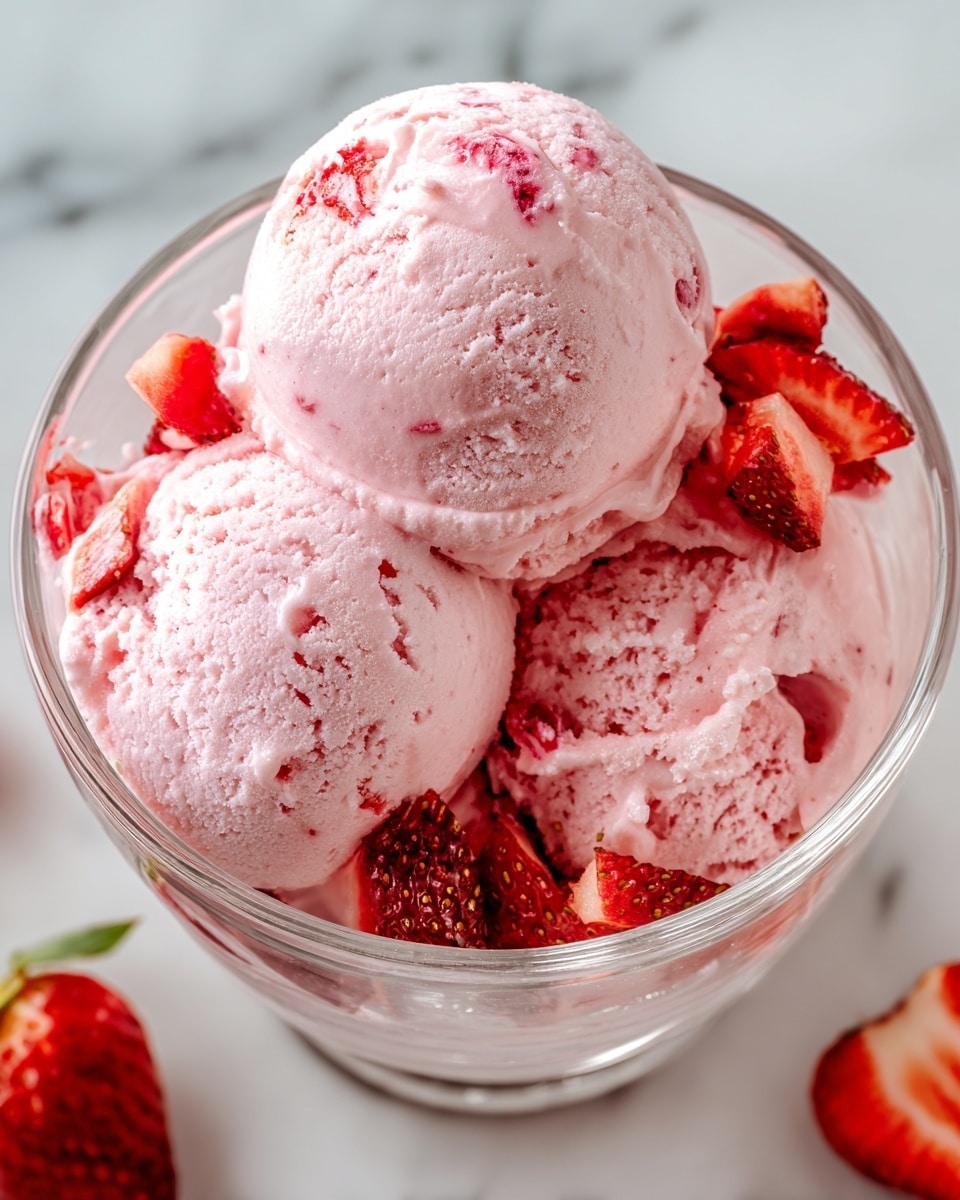 A clear glass bowl filled with three scoops of pink strawberry ice cream, smooth and creamy with light melting spots on the surface; scattered on and around the ice cream are bright red, chopped strawberry pieces showing juicy texture and seeds; the bowl sits on a white marbled texture surface with an out-of-focus strawberry slice nearby; photo taken with an iphone --ar 4:5 --v 7