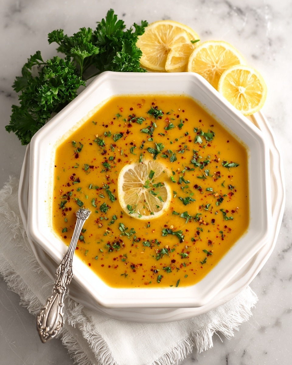 A white octagonal bowl filled with a smooth, thick orange-yellow soup garnished with finely chopped green herbs and sprinkled with red chili flakes or spices on top; two thin lemon slices float in the center of the soup. The bowl sits on a white plate, which is placed on a white marbled surface. Two lemon wedges and a bunch of fresh parsley rest behind the bowl, and a detailed silver spoon leans inside the bowl from the left side. A white cloth napkin with frayed edges is partially visible under the plate. photo taken with an iphone --ar 4:5 --v 7